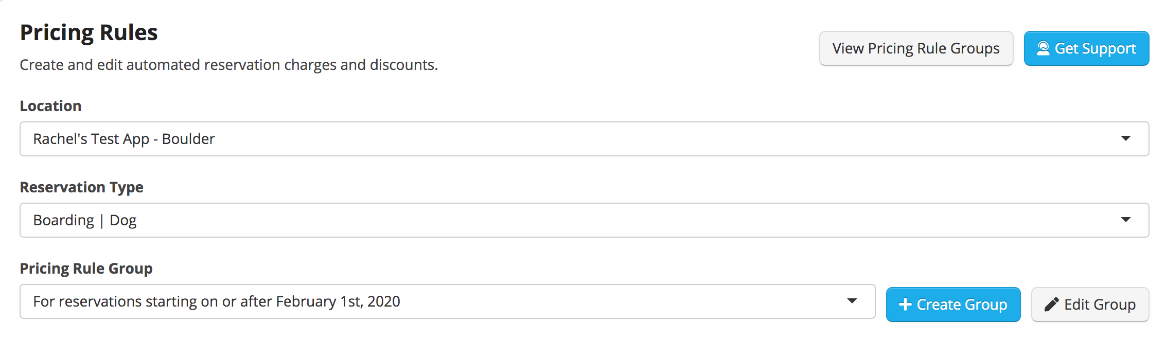 Pricing rules setup interface.