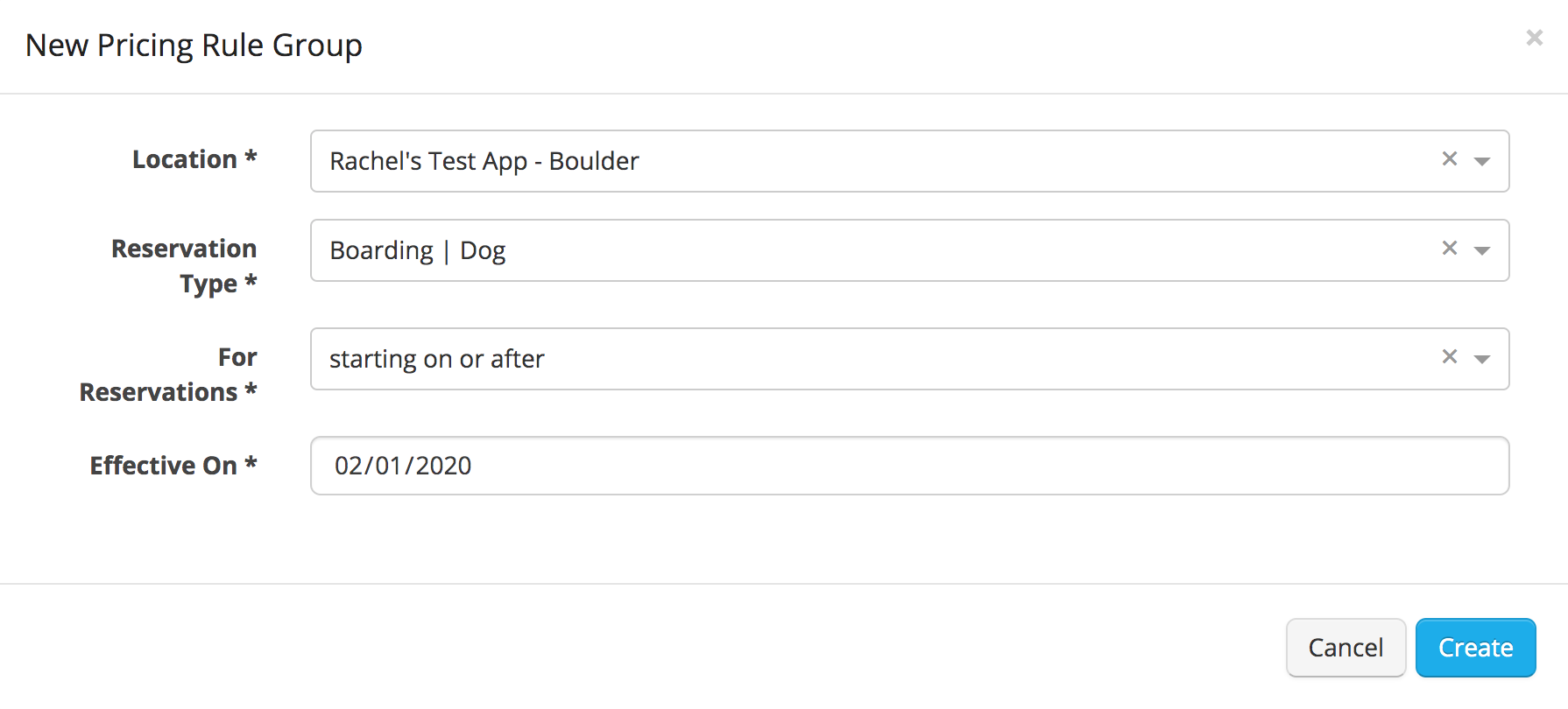 New Pricing Rule Group form interface