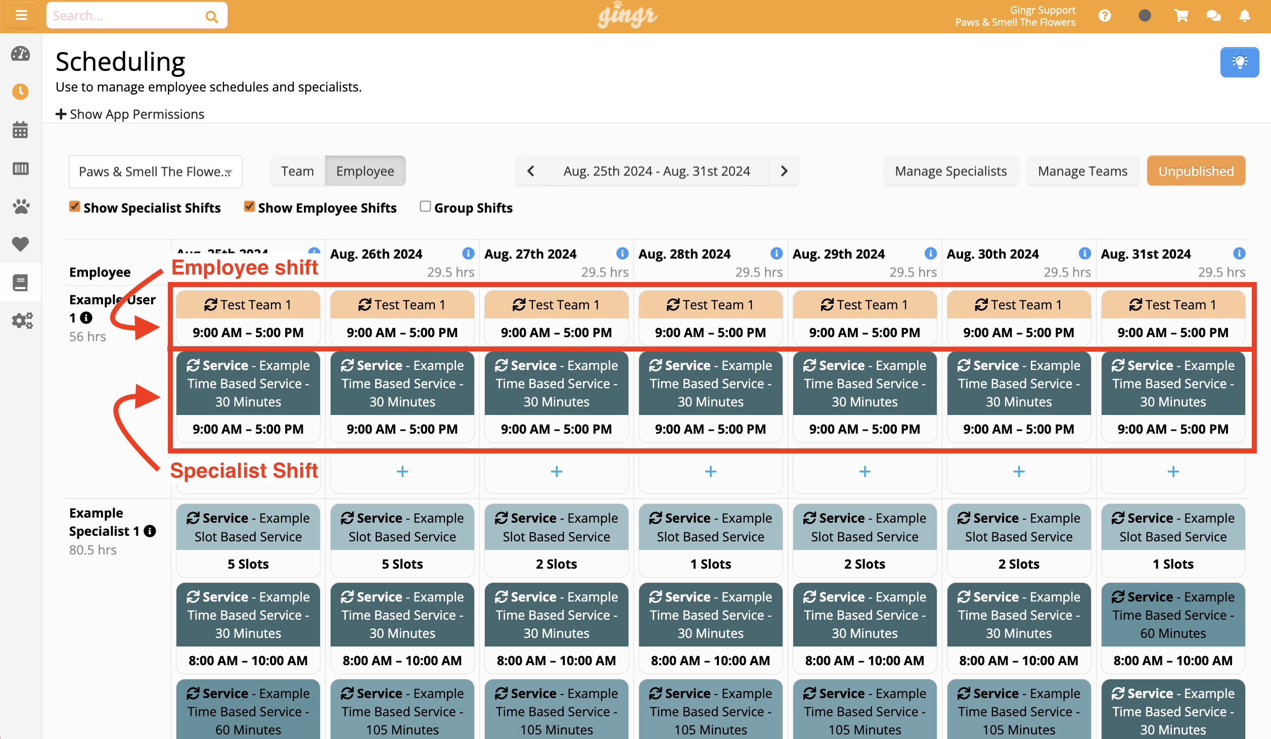 Employee and specialist shift schedule