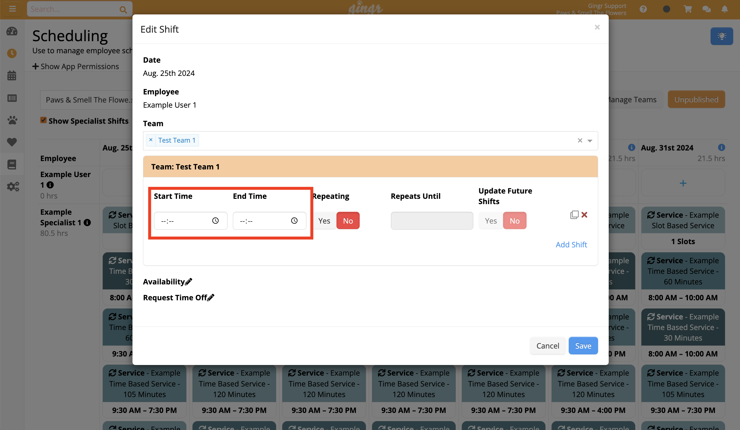 Edit Shift interface with time settings.