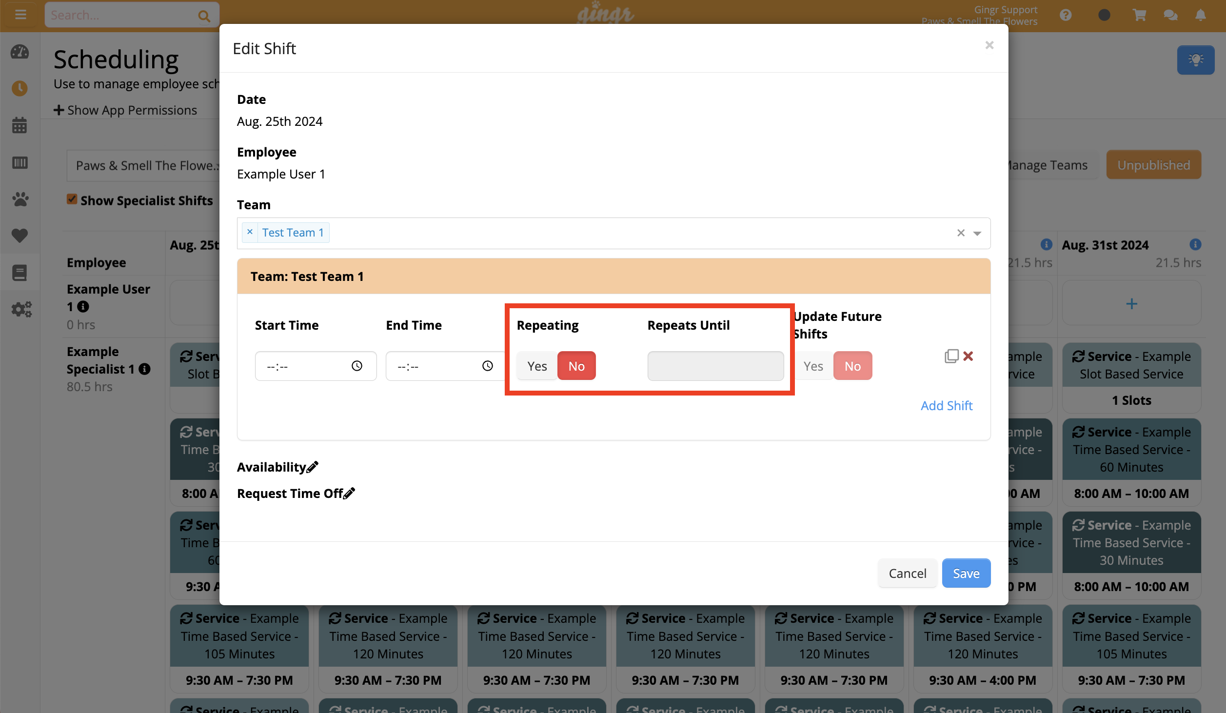 Edit shift interface with repeating option.