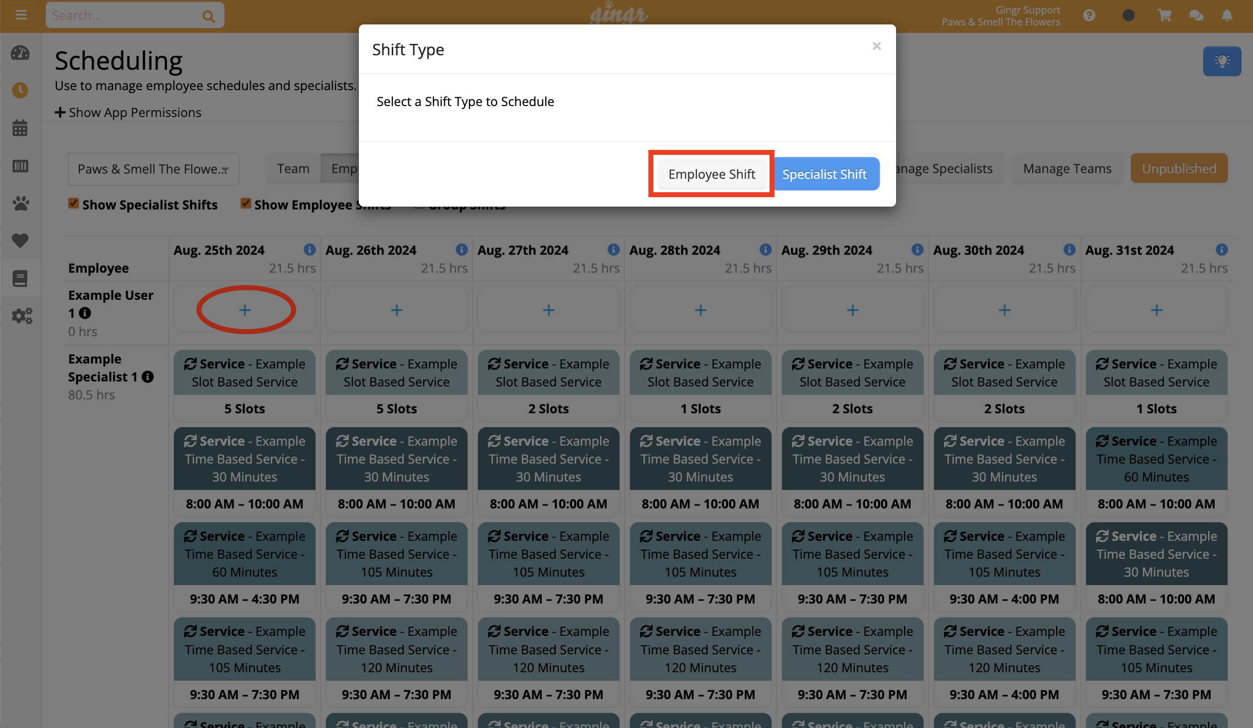 Shift type selection window on scheduling page.