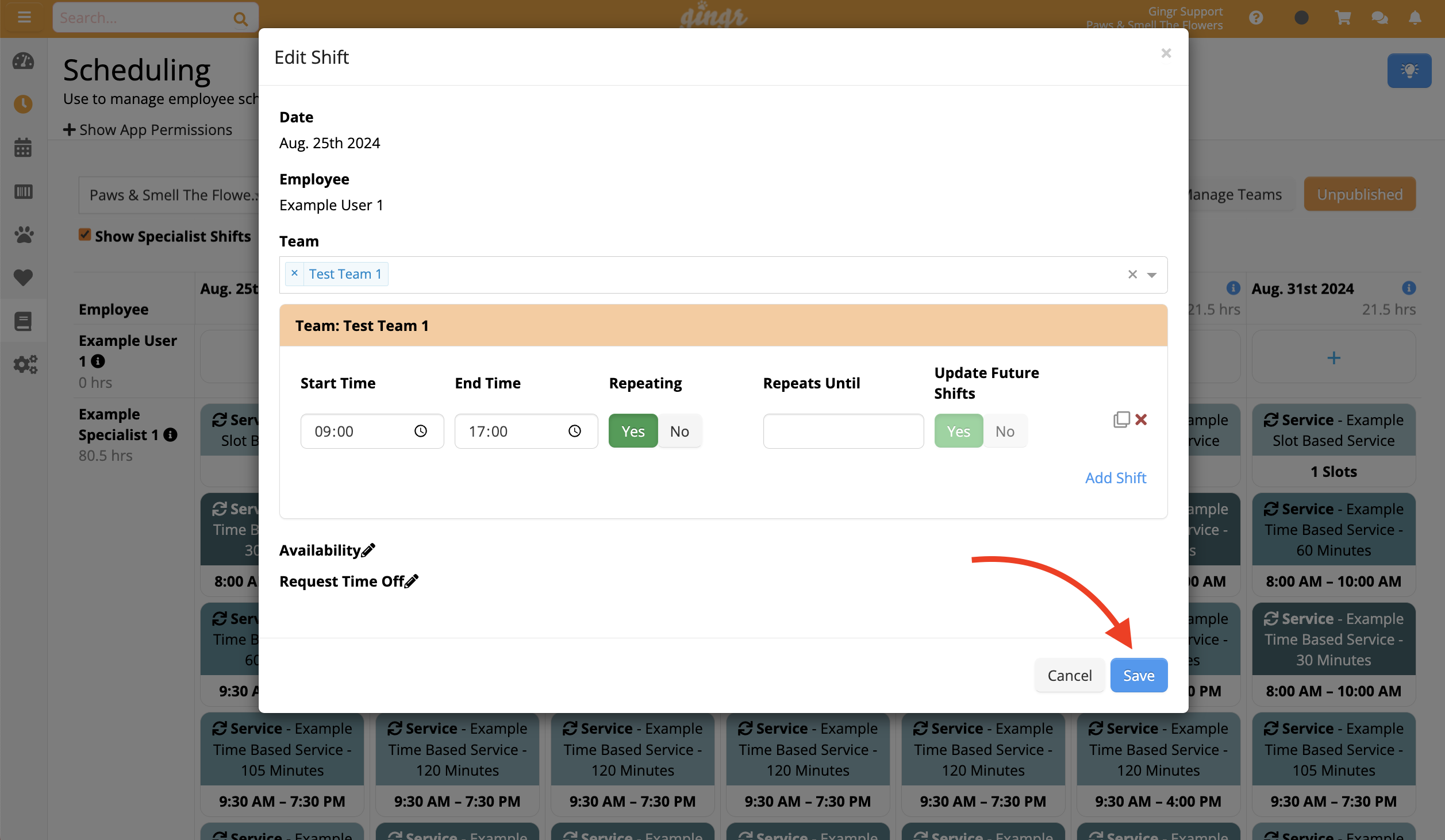 Shift editing interface with save button.