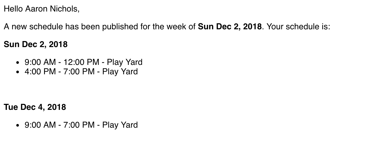 Play Yard schedule for Dec 2 and Dec 4, 2018.