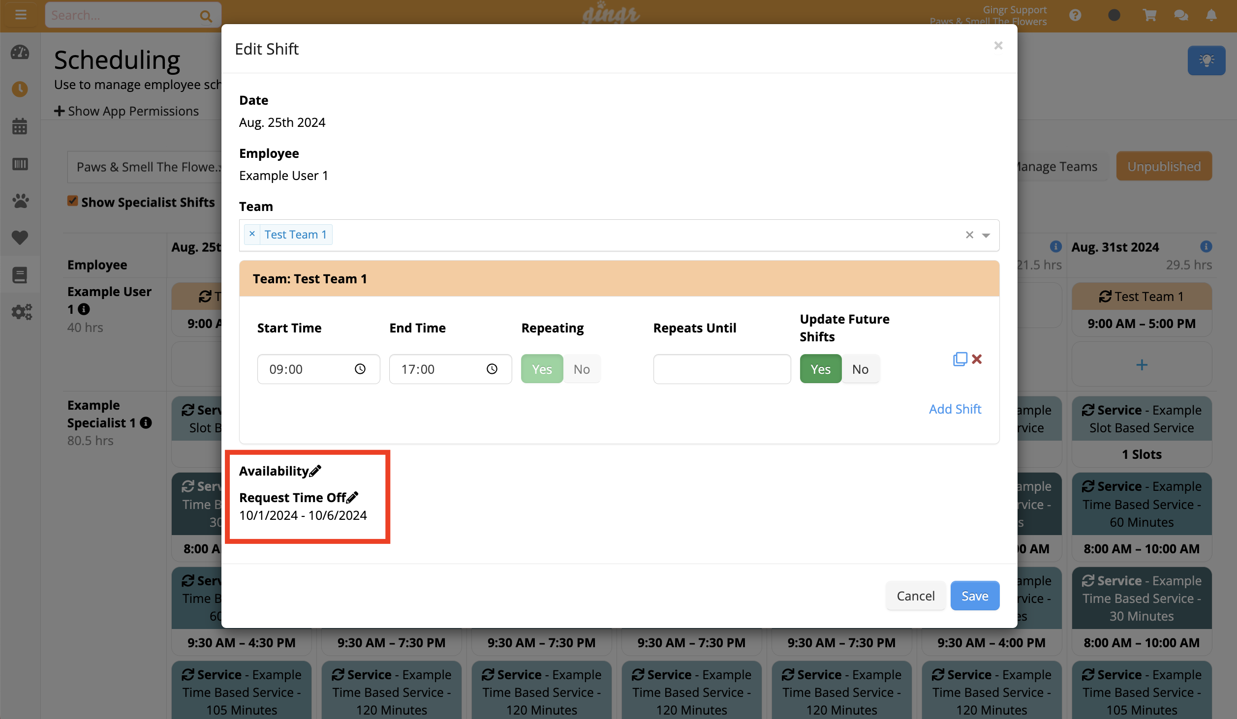 Edit Shift screen with time off request.