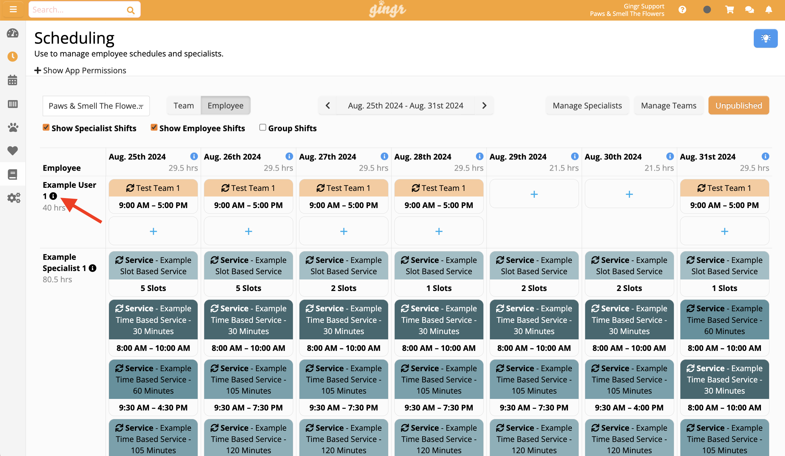 Employee scheduling interface screenshot.