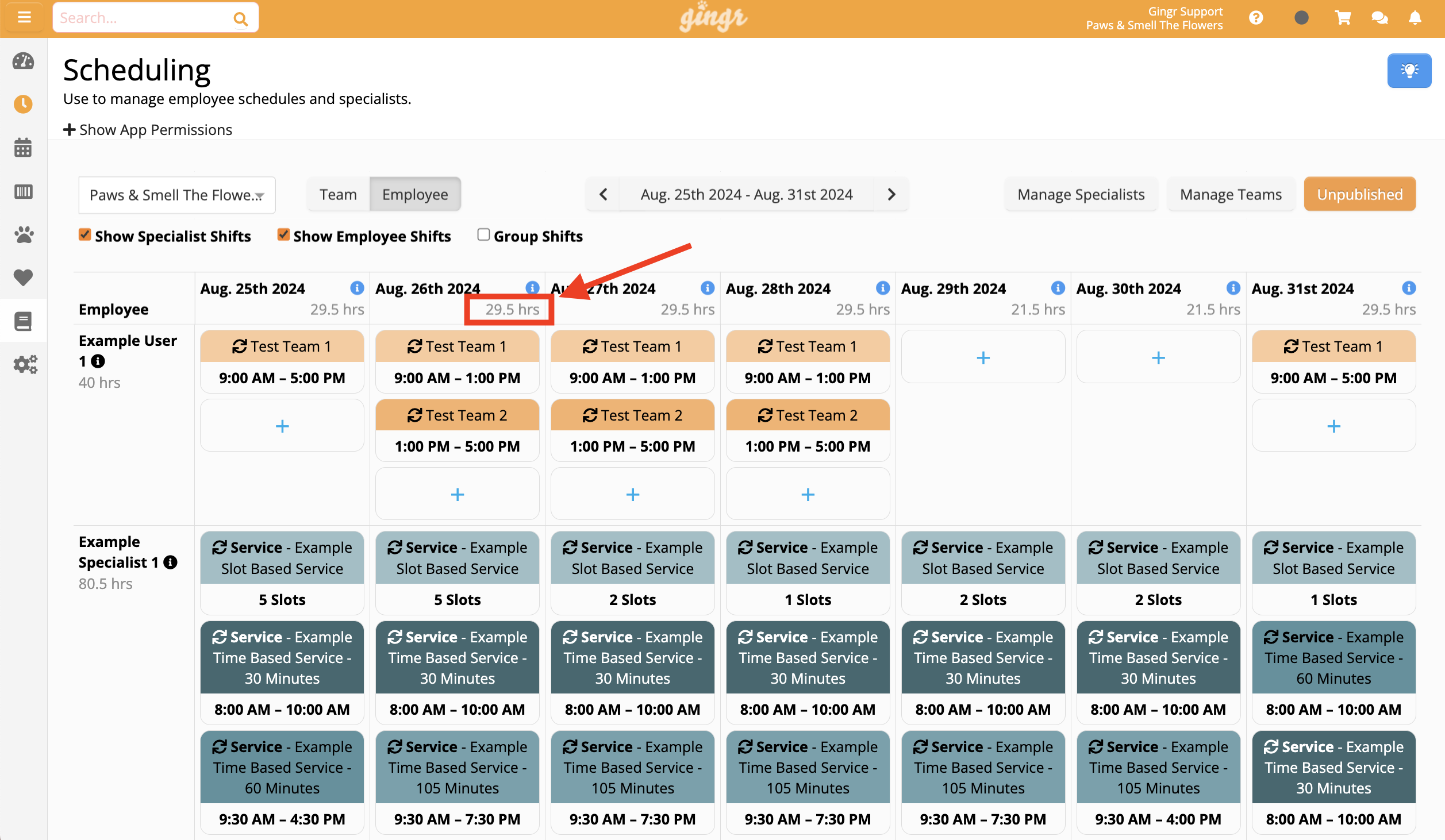 Employee schedule for August 2024