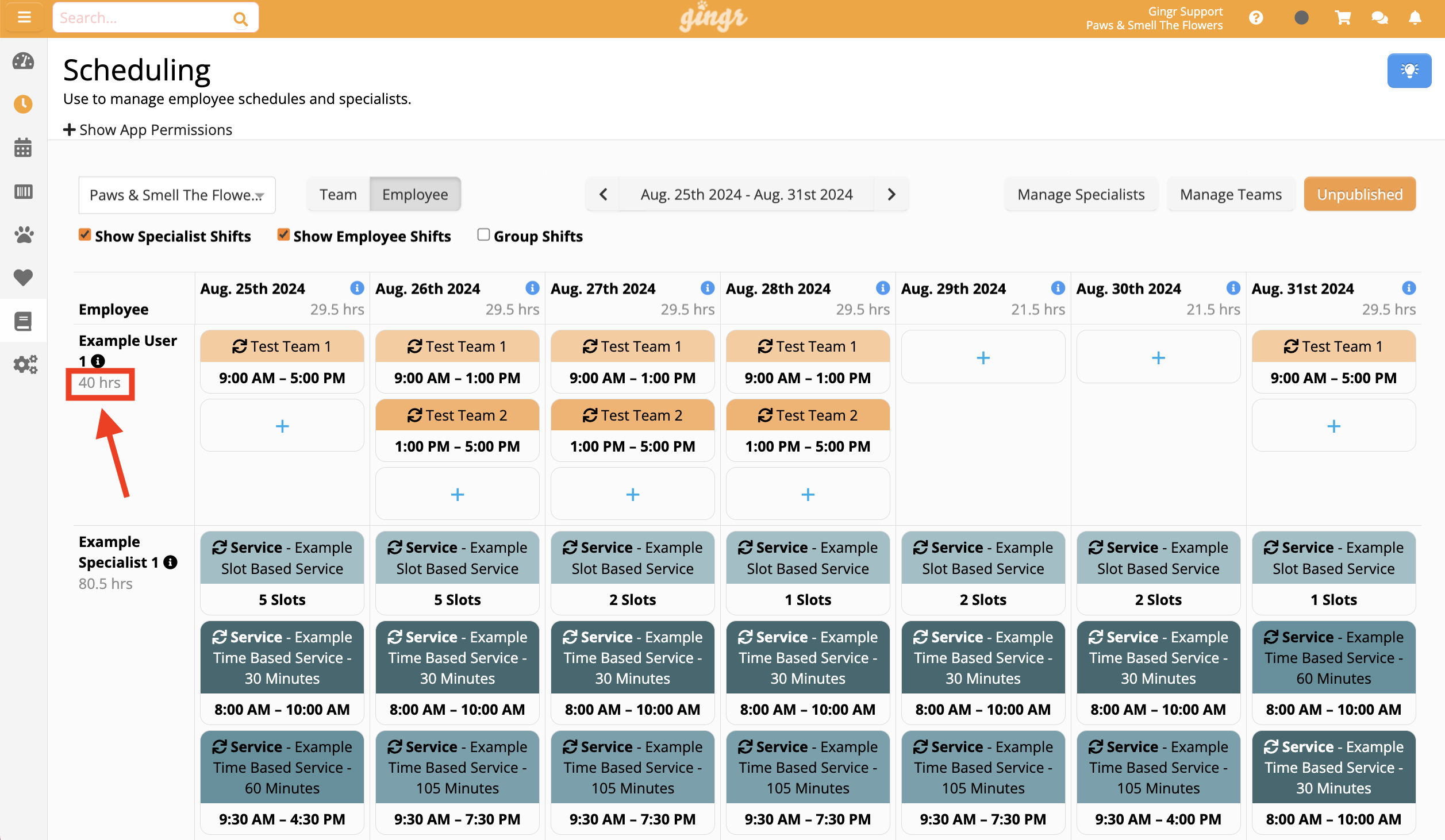 Employee schedule with hours and shifts.