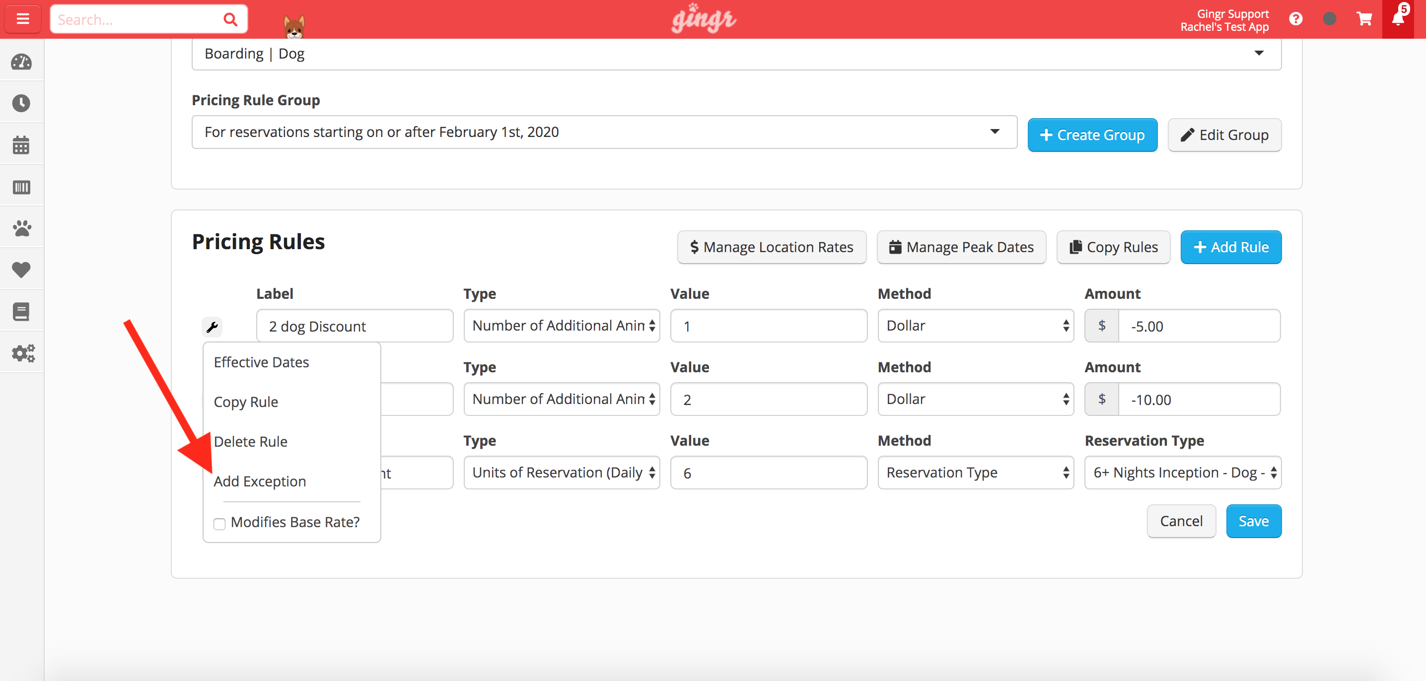 Pricing rules interface with options menu.