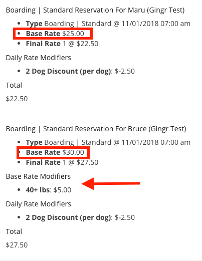 Boarding rates and modifiers for two dogs.