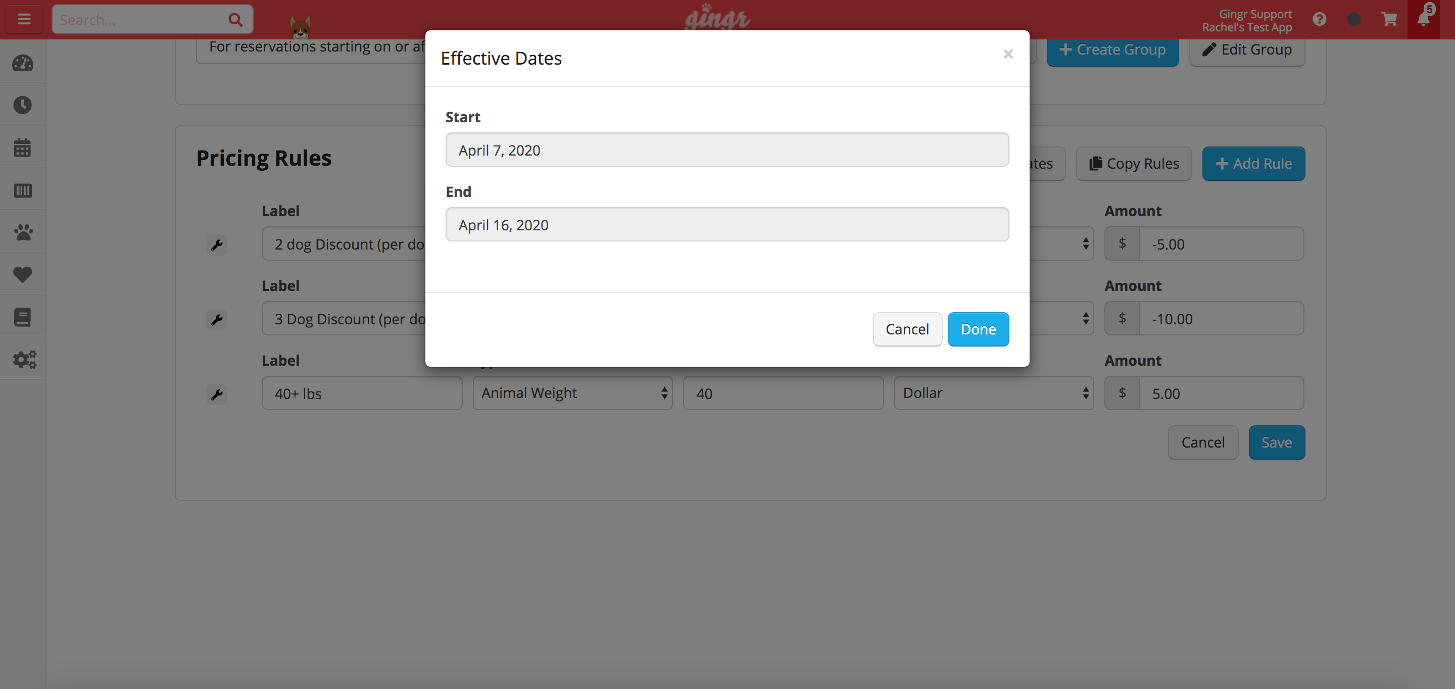 Effective Dates selection window