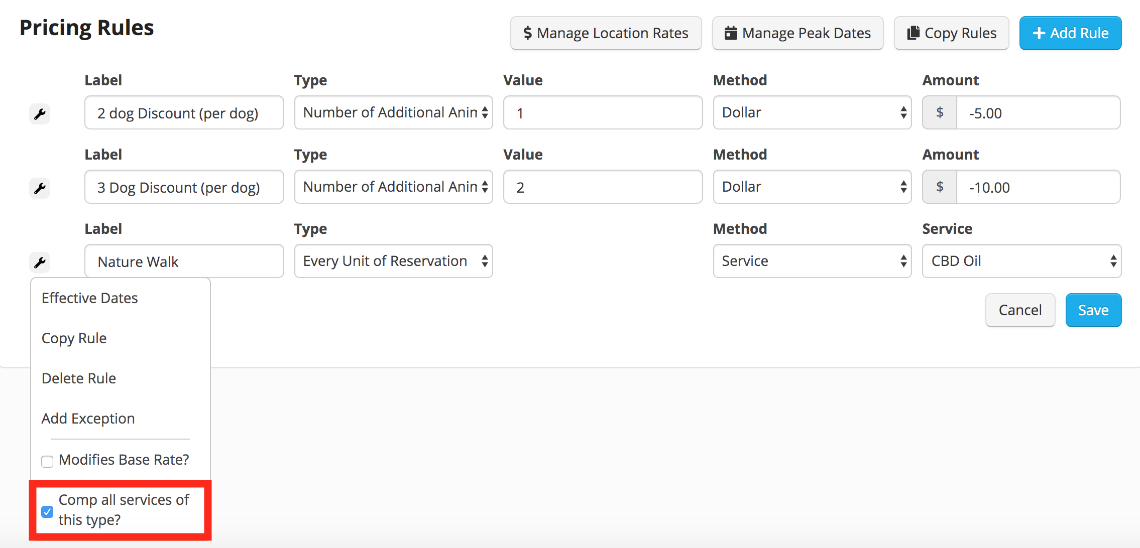 Pricing rules setup interface.