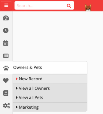 Sidebar menu with search and pet options