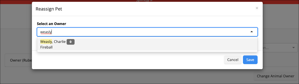 Reassign Pet" dialog with owner selection.