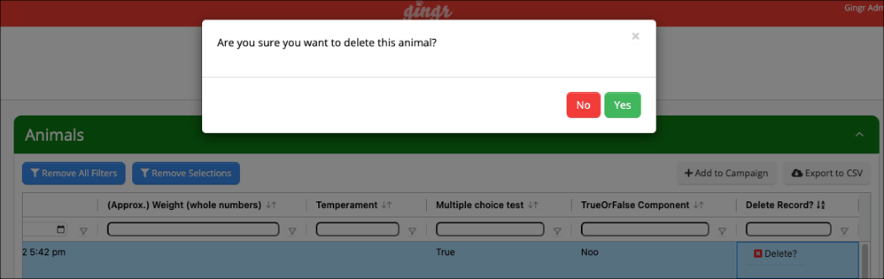 Delete animal confirmation dialog box.