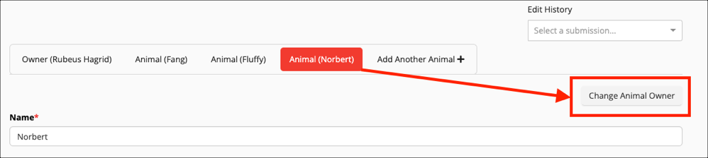 Change Animal Owner button highlighted