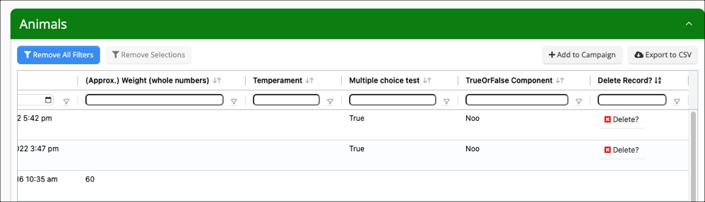 Animal data table with filters and options.