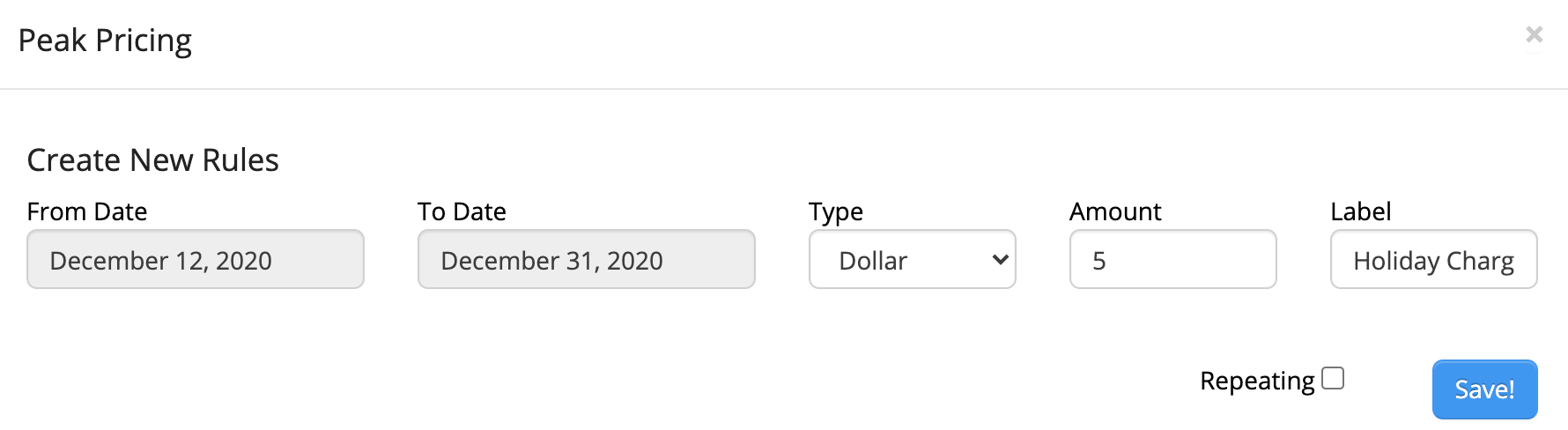 Peak Pricing rule creation form.