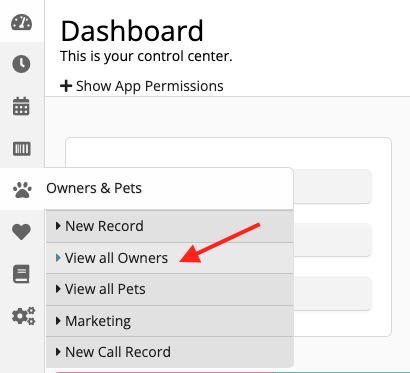 Dashboard menu with 'View all Owners' highlighted.