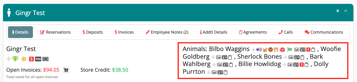 Animal names listed with icons.