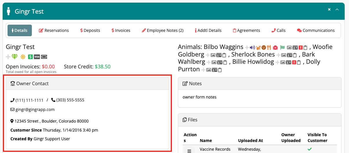 Owner contact details and animal list.