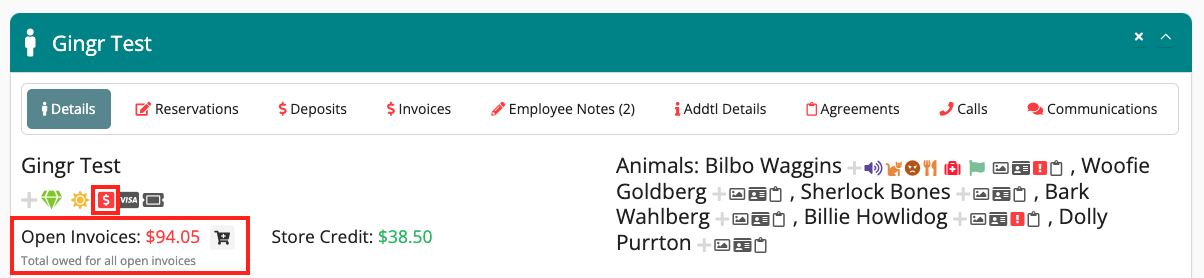 Open Invoices: $94.05, Store Credit: $38.50