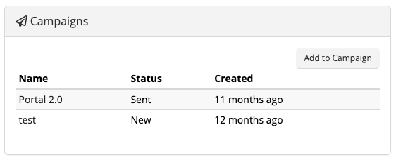 Campaigns table with status and creation date.