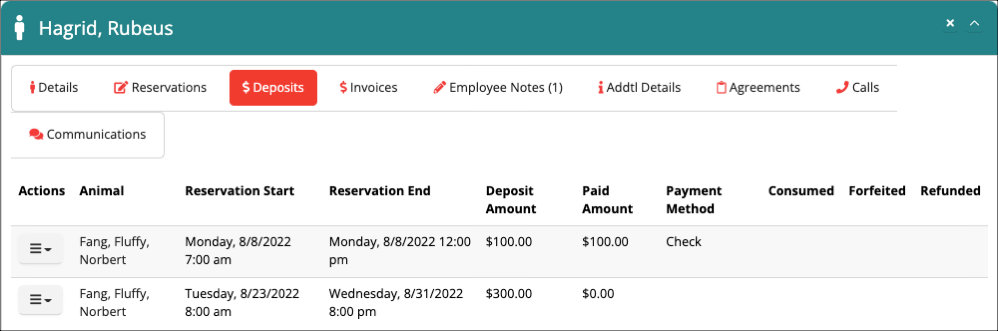 Reservation deposit details table.