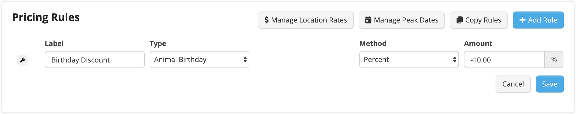 Pricing rules interface with discount settings.