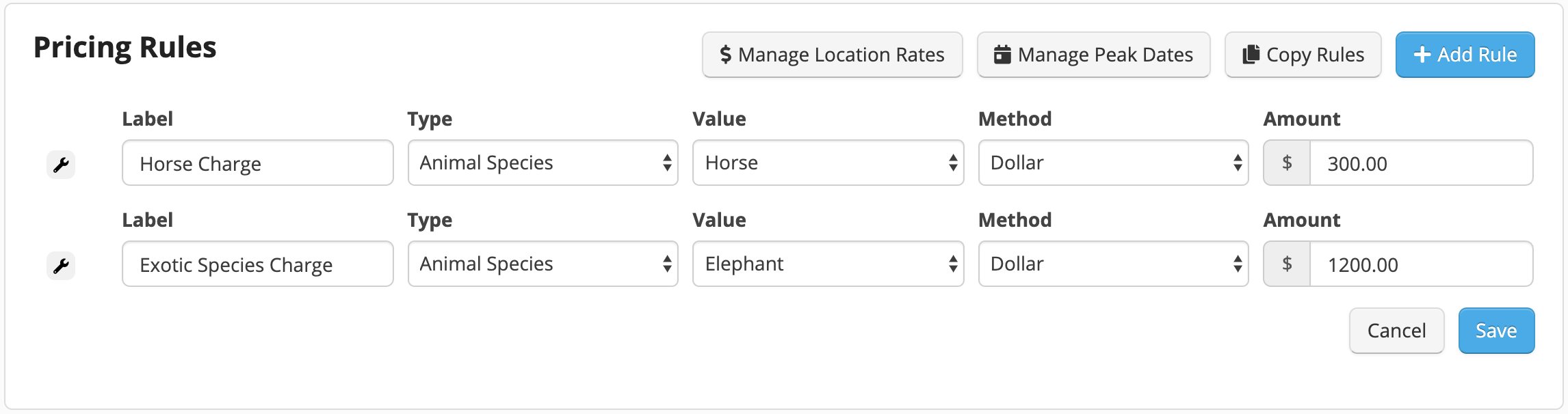 Pricing rules for horse and elephant charges.