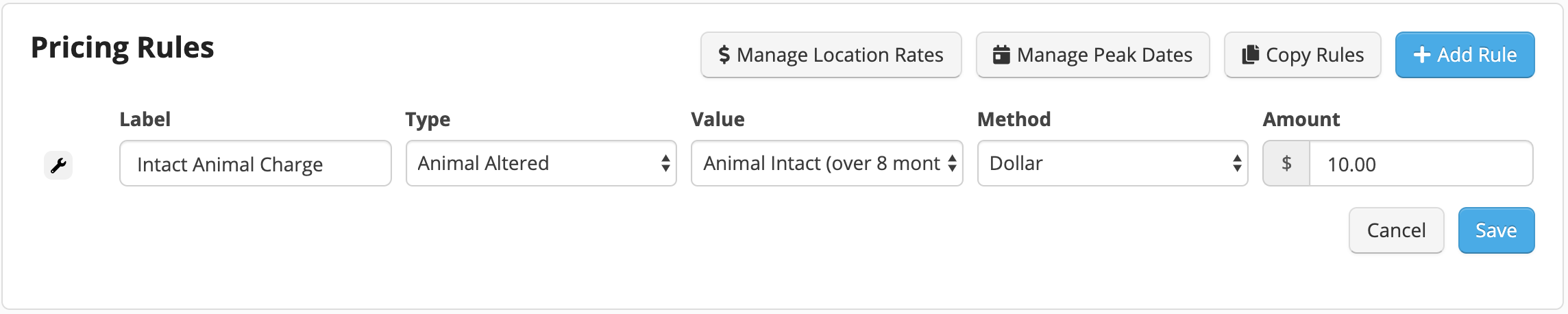 Pricing rules form interface.