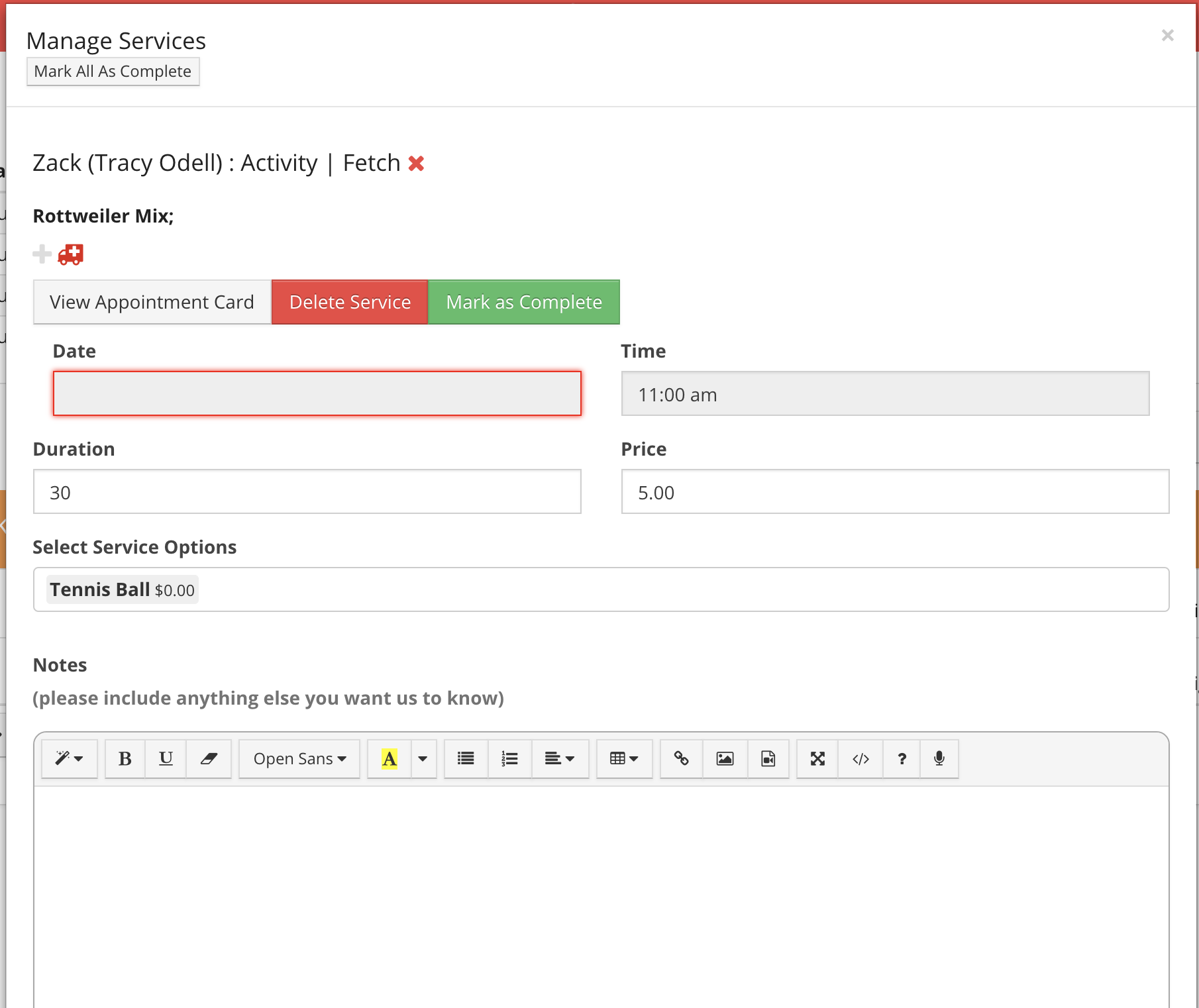 Service management form for dog activity.