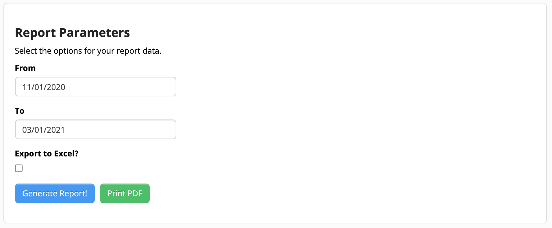 Report parameters form with date fields.