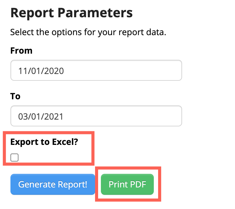 Report parameters with date fields and buttons.