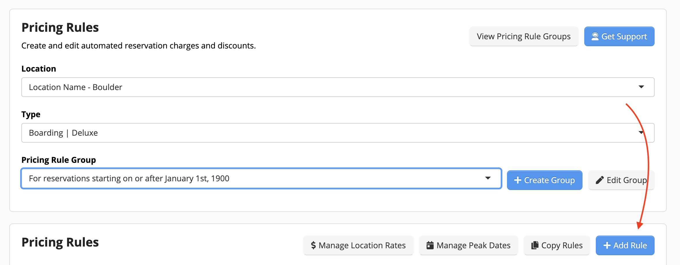 Pricing rules interface with add rule button.