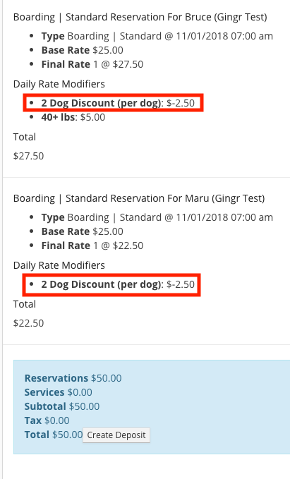 Boarding reservation details with discounts.