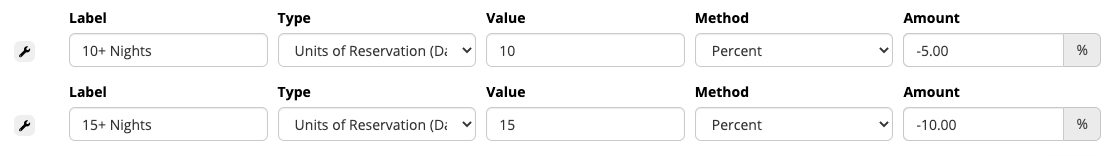 Discount settings for 10+ and 15+ nights stays.