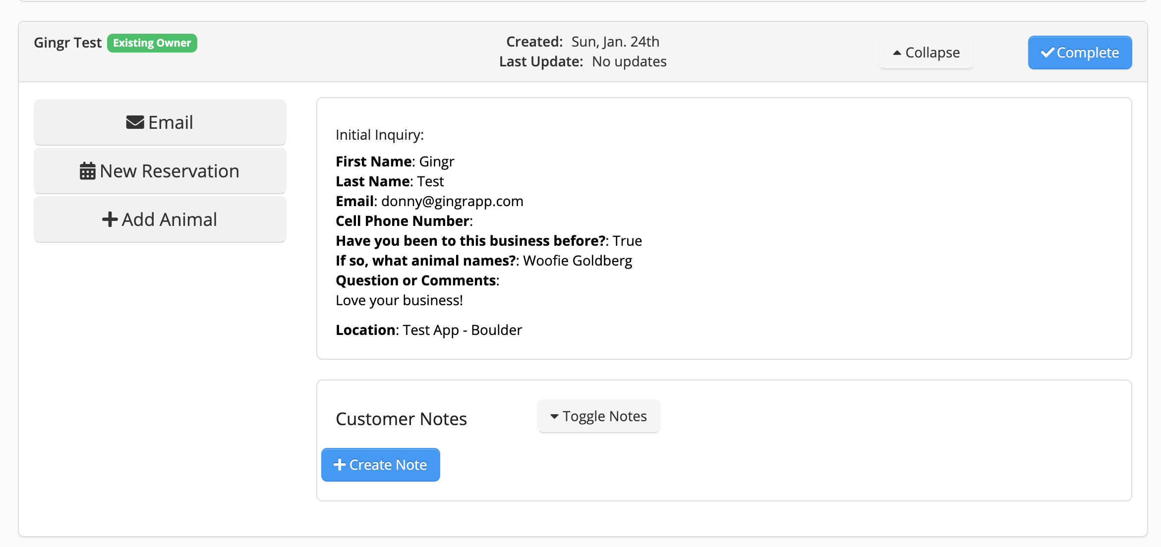 Customer inquiry form with contact details.