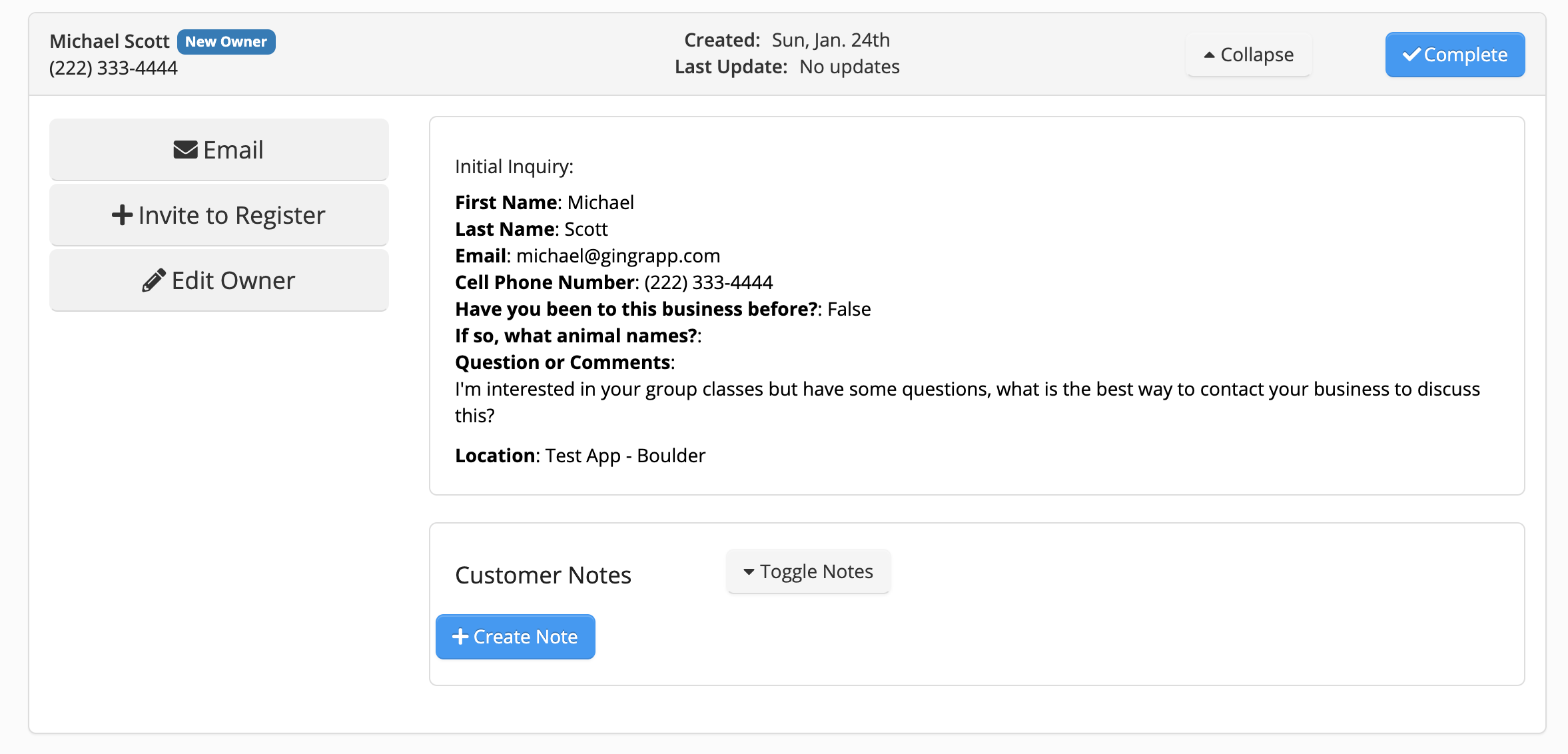 Customer inquiry form with contact details.