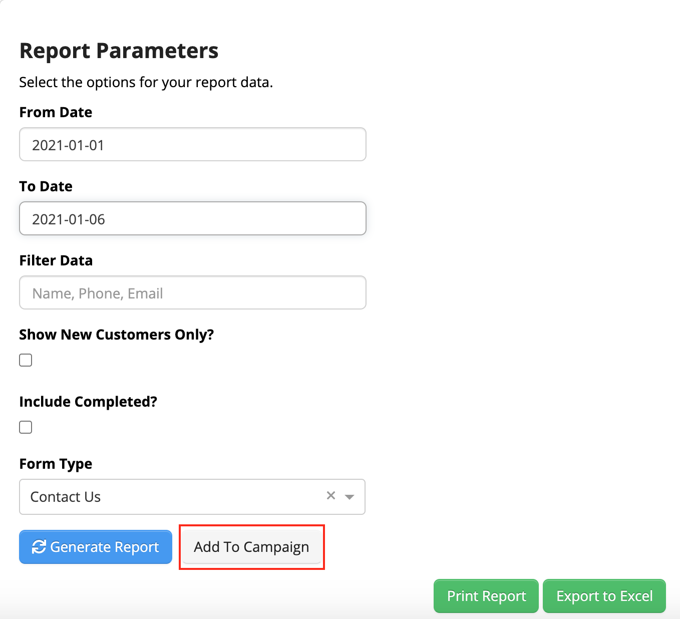 Report parameters form with date fields.