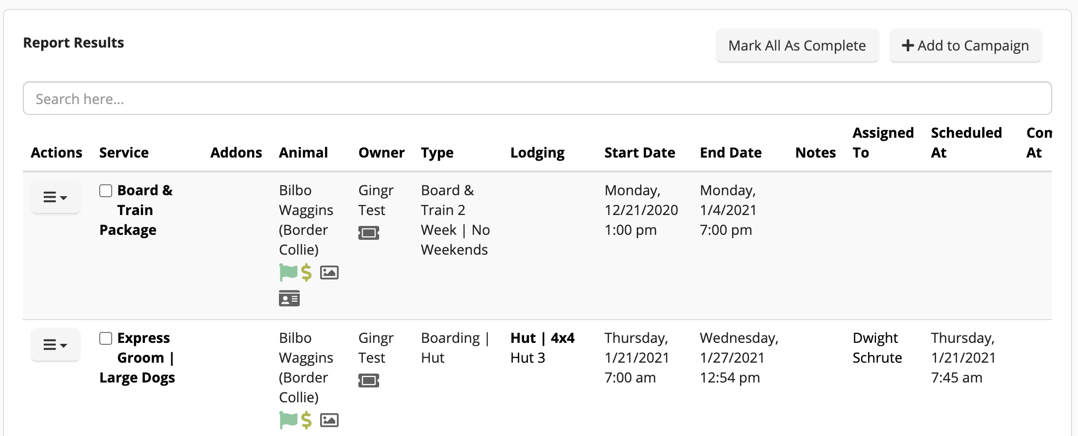 Pet service schedule details