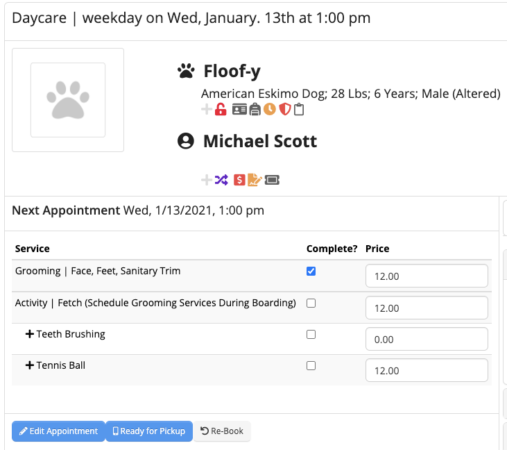 Dog daycare appointment details
