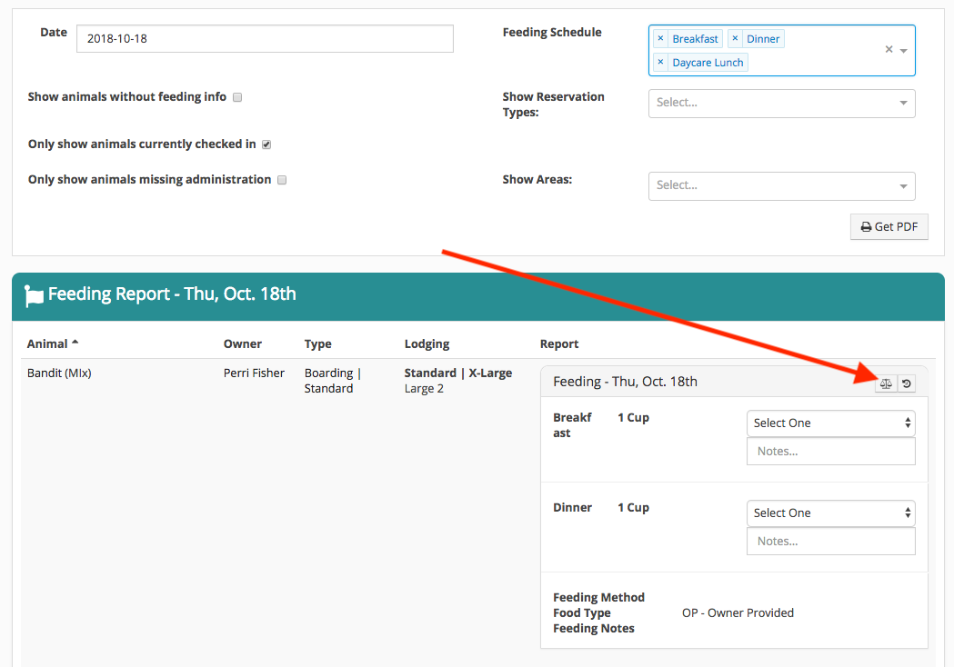 Animal feeding report interface screenshot.