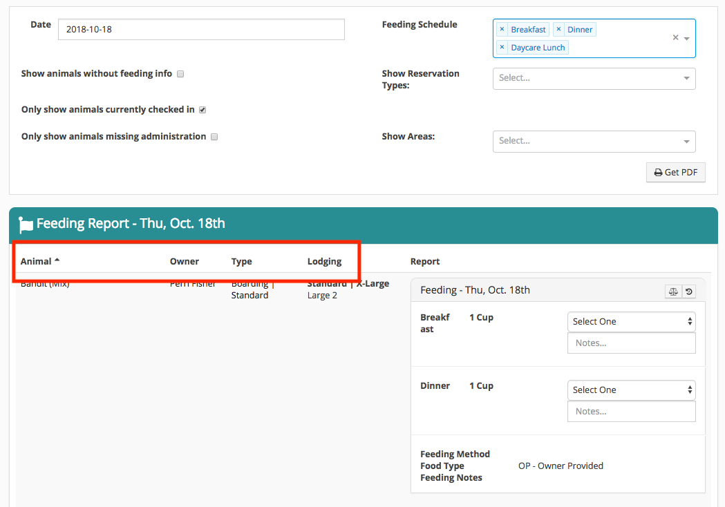 Animal feeding report interface screenshot.