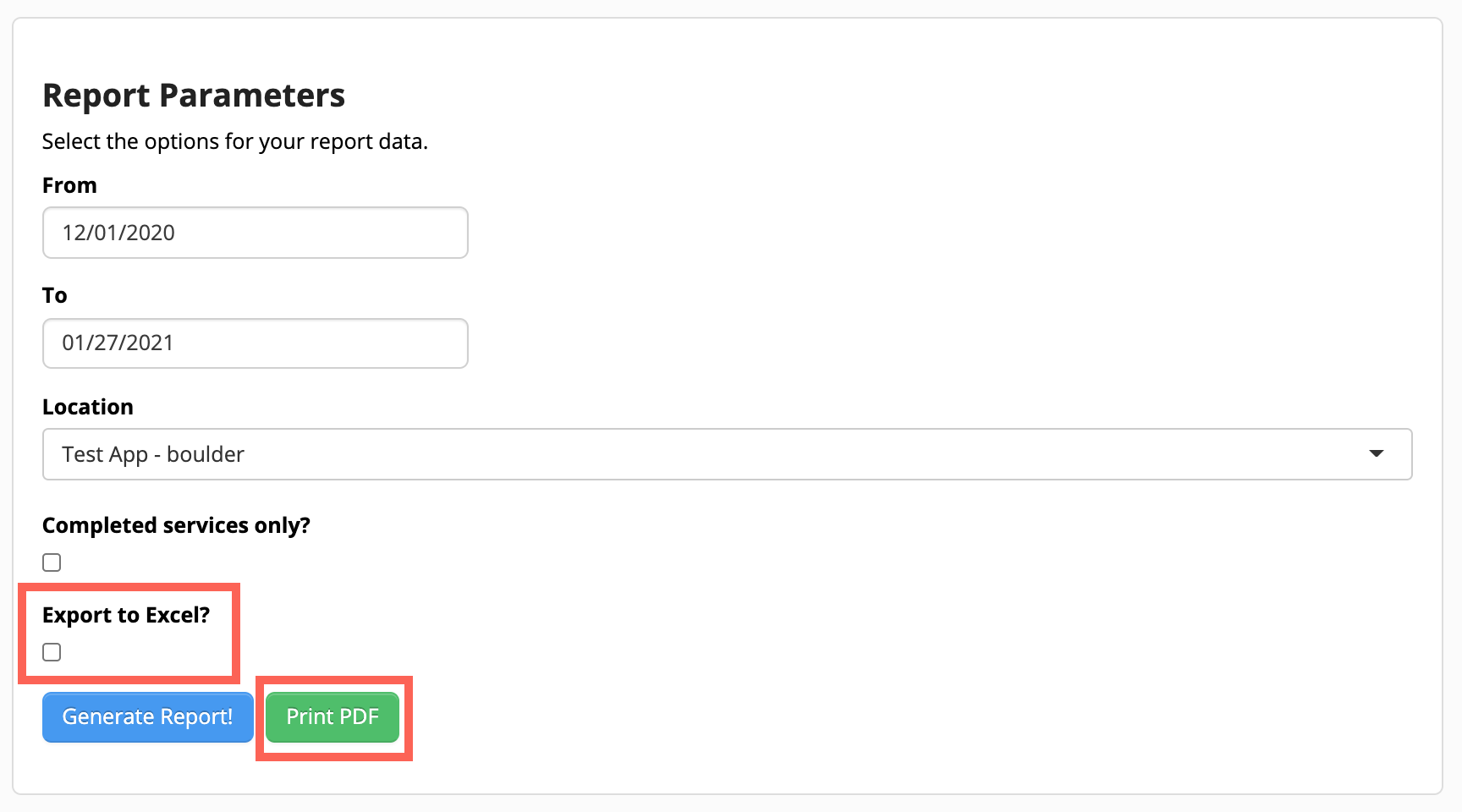Report parameters form with date fields.