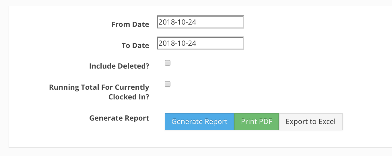 Report generation form with date fields.