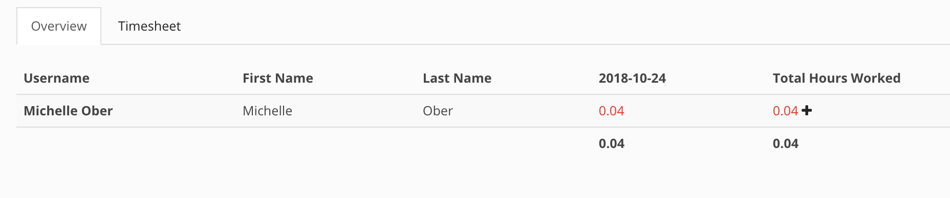 Timesheet showing hours worked: 0.04