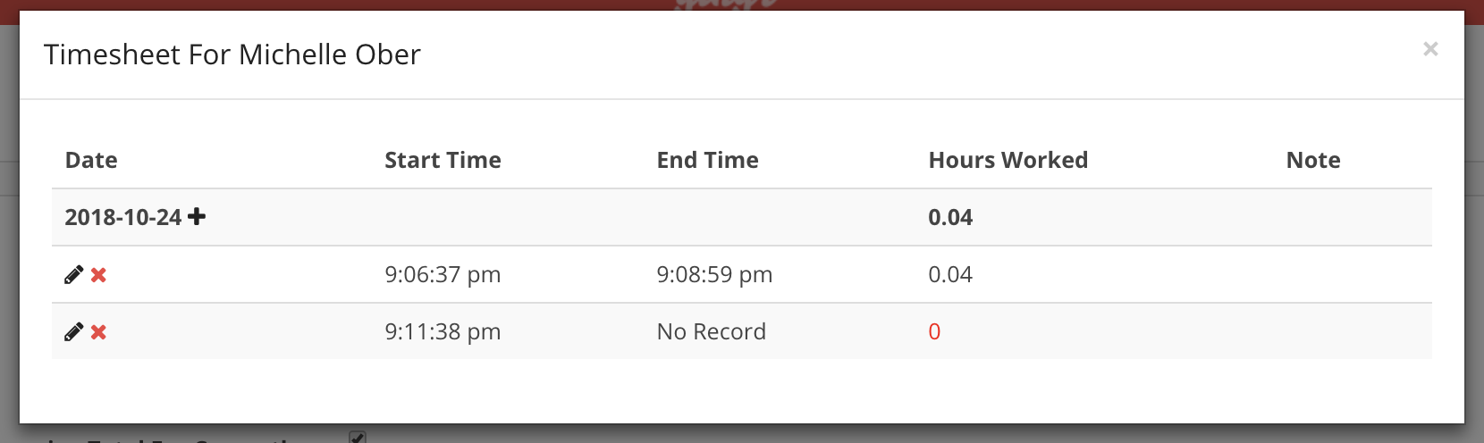 Timesheet showing hours worked on 2018-10-24.