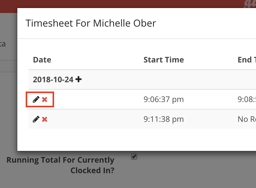 Timesheet with start and end times listed.