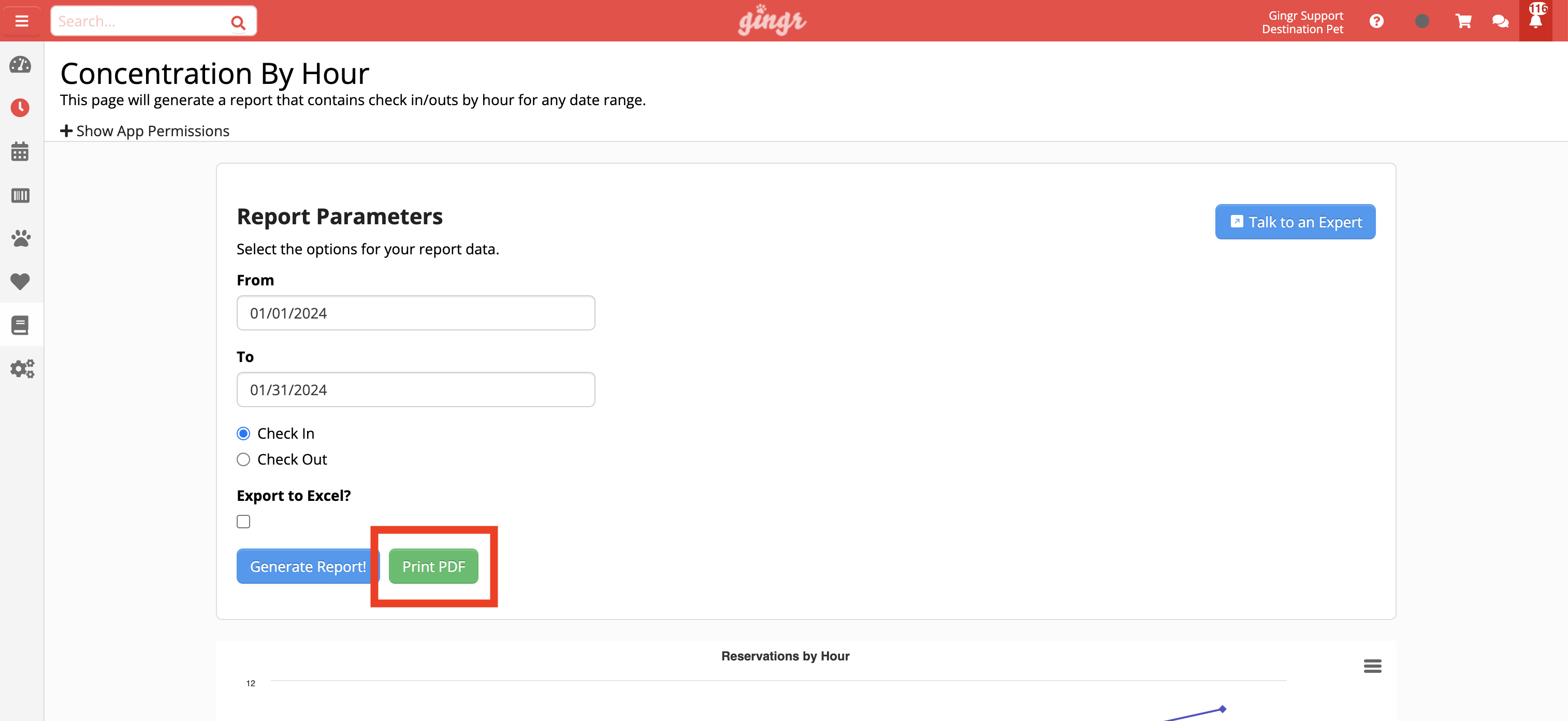 Report generation interface with date selection.